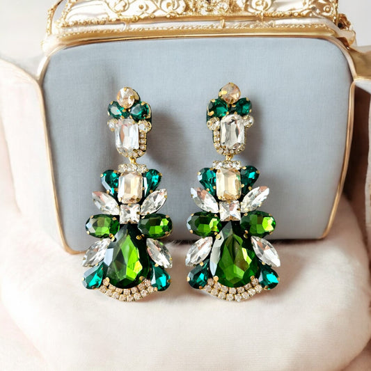 Green & Gold Crystal Rhinestone Chandelier Earrings