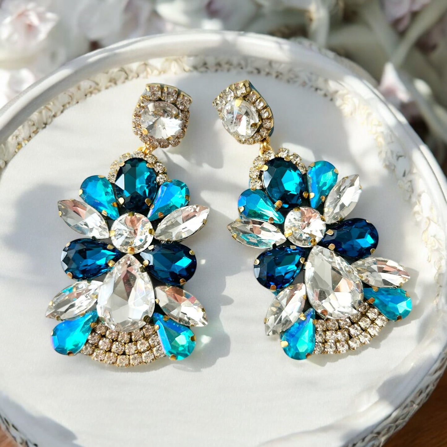 Blue Crystal Rhinestone Chandelier Earrings