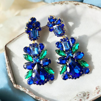 Blue & Green Crystal Rhinestone Chandelier Earrings