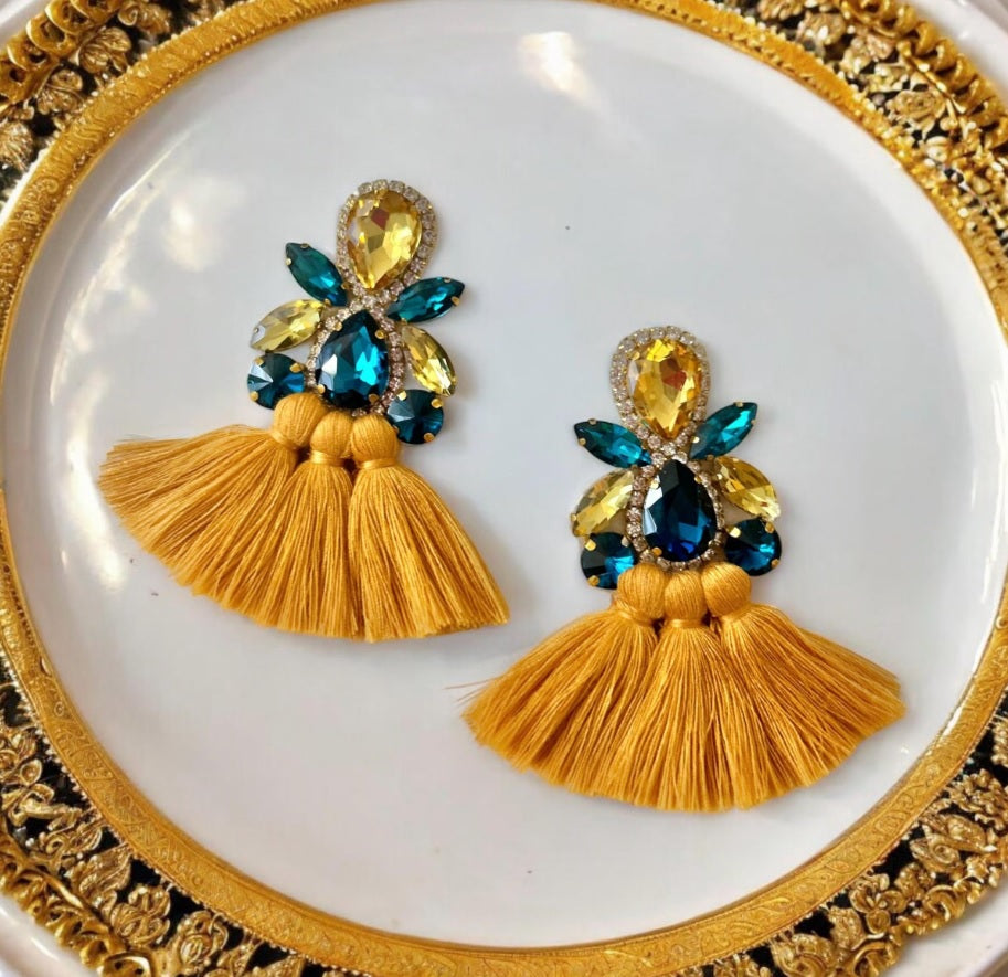 Green & Gold Rhinestone Crystal Fan Tassel Earrings