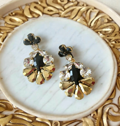 Gold & Black Rhinestone Chandelier Earrings