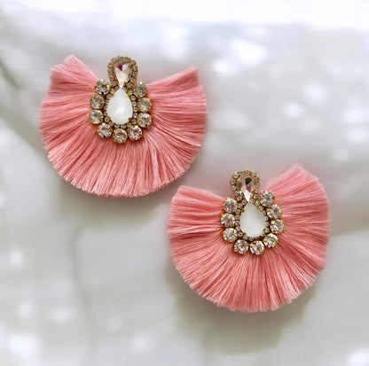 Coral Rhinestone Crystal Fan Tassel  Earrings