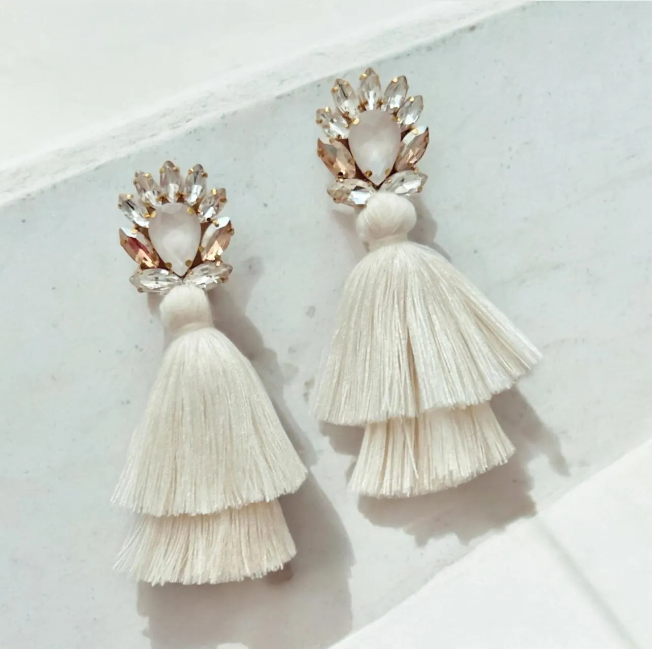 Ivory Rhinestone Tassel Earrings