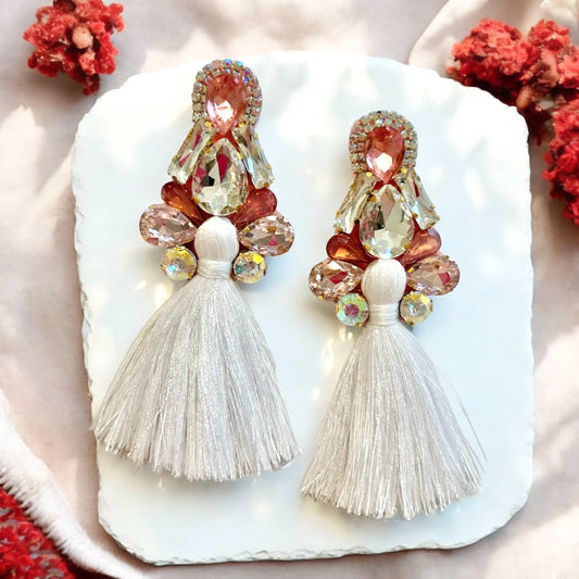 Coral Pink & White Rhinestone Tassel Earrings