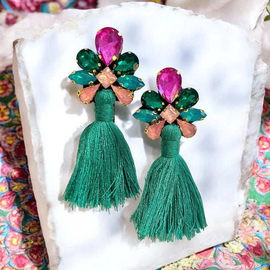 Green & Pink Rhinestone Tassel Earrings