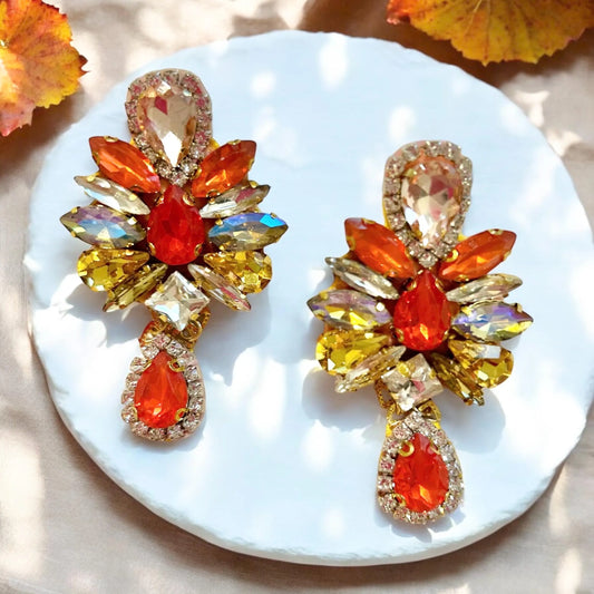 Orange Rhinestone Chandelier Earrings