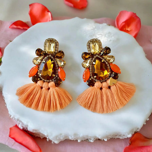 Orange & Brown Rhinestone Crystal Fan Tassel Earrings