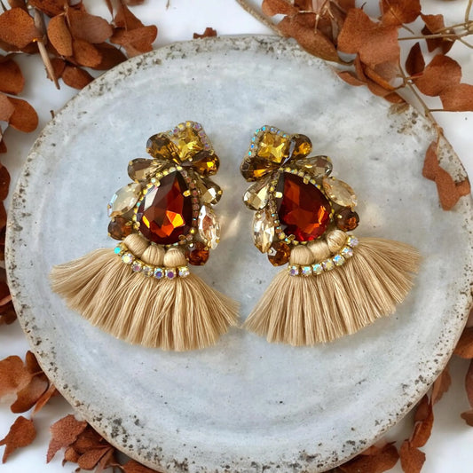 Brown & Gold Rhinestone Crystal Fan Tassel Earrings