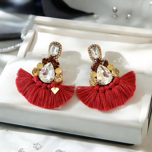 Burgundy & Gold Crystal Rhinestone Fan Tassel Earrings