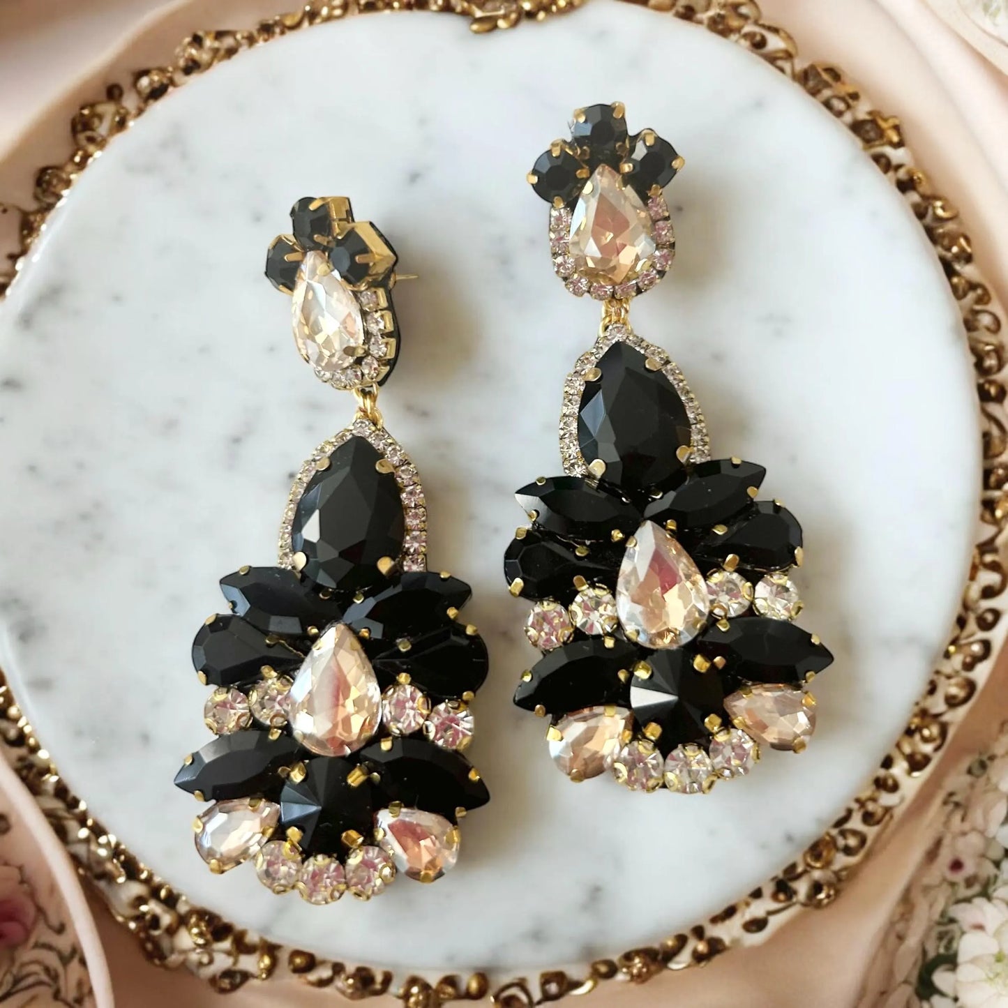 Gold & Black Rhinestone Chandelier Earrings