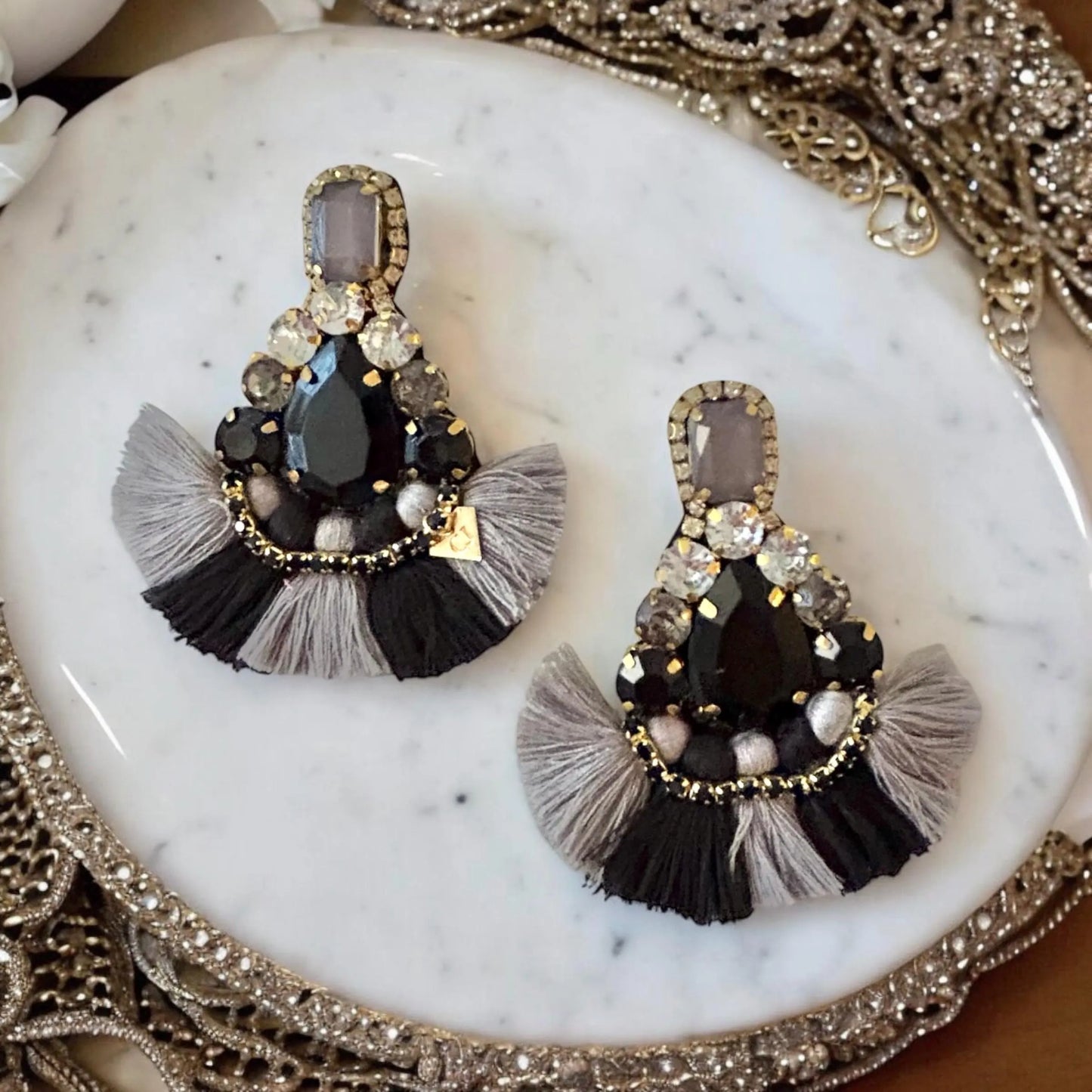 Black & Grey Crystal Rhinestone Fan Tassel Earrings