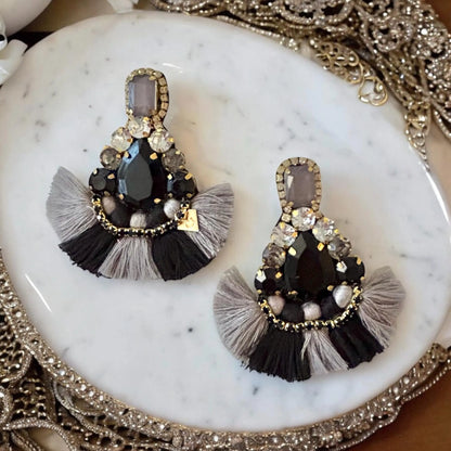 Black & Grey Crystal Rhinestone Fan Tassel Earrings