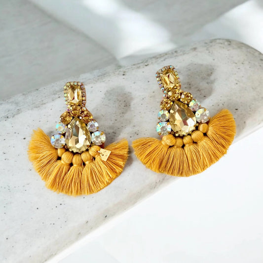 Gold Crystal Rhinestone Fan Tassel Earrings