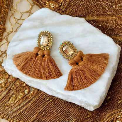 Brown & Gold Rhinestone Crystal Tassel Earrings