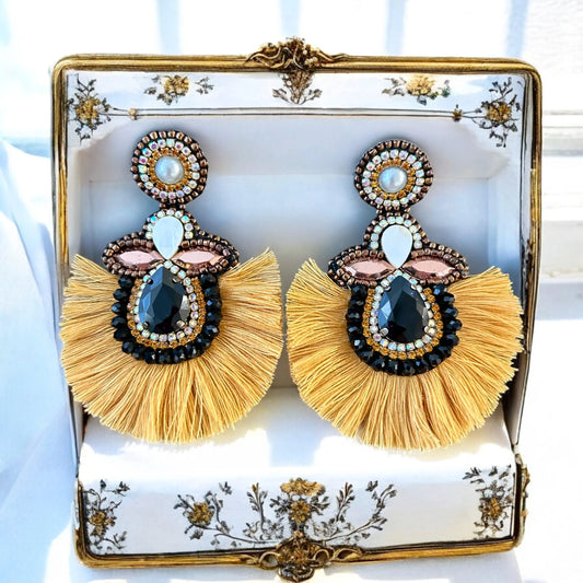 Gold & Black Rhinestone Crystal Fan Tassel Earrings