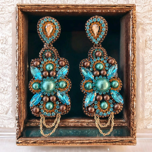 Bronze & Turquoise Crystal Rhinestone Earrings