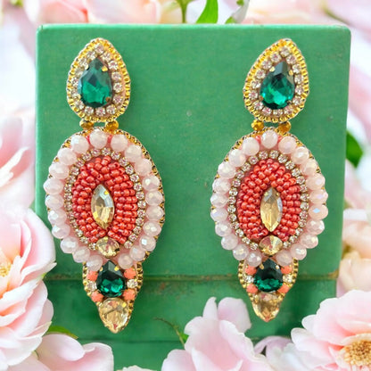 Coral & Green Crystal Beaded Rhinestone Earrings