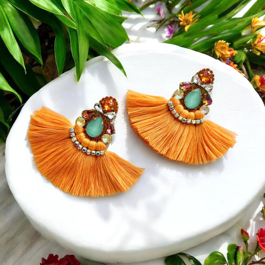 Orange & Turquoise Crystal Rhinestone Fan Tassel Earrings