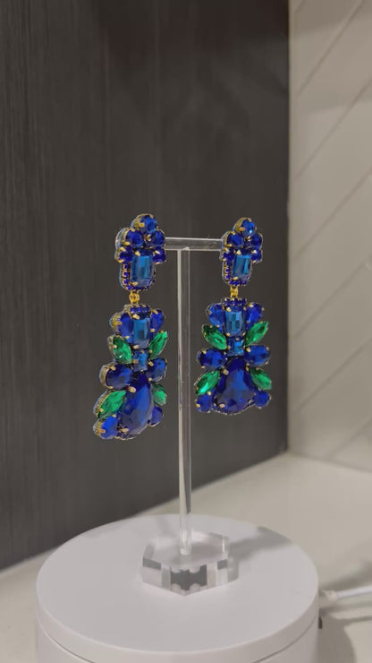 Blue & Green Crystal Rhinestone Chandelier Earrings