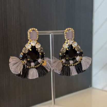 Black & Grey Crystal Rhinestone Fan Tassel Earrings