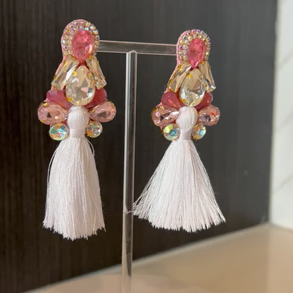 Coral Pink & White Rhinestone Tassel Earrings