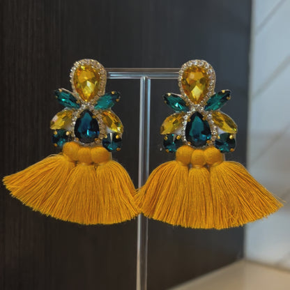 Green & Gold Rhinestone Crystal Fan Tassel Earrings