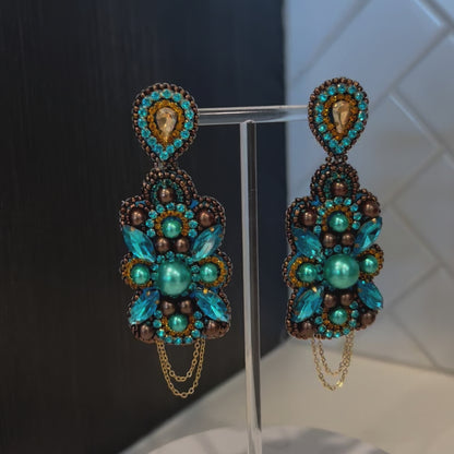 Bronze & Turquoise Crystal Rhinestone Earrings