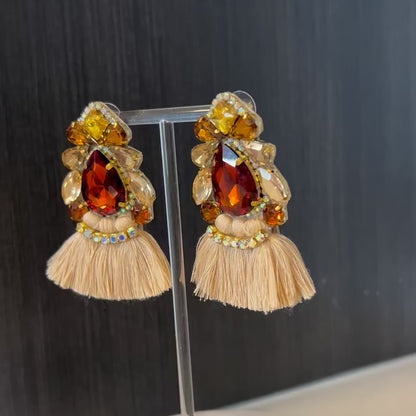 Brown & Gold Rhinestone Crystal Fan Tassel Earrings