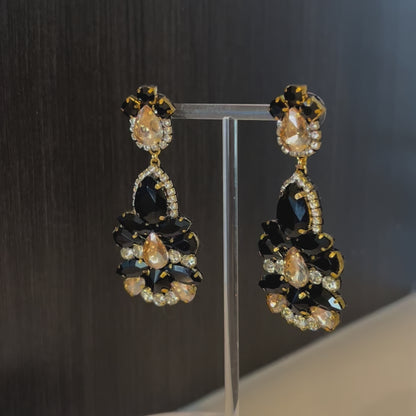 Gold & Black Rhinestone Chandelier Earrings